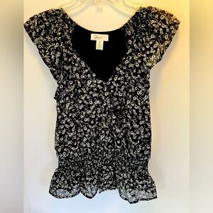 Japna Women’s Capped Sleeve Top, Size S, Black/Gray, Floral, V Neck, Casual, NWT